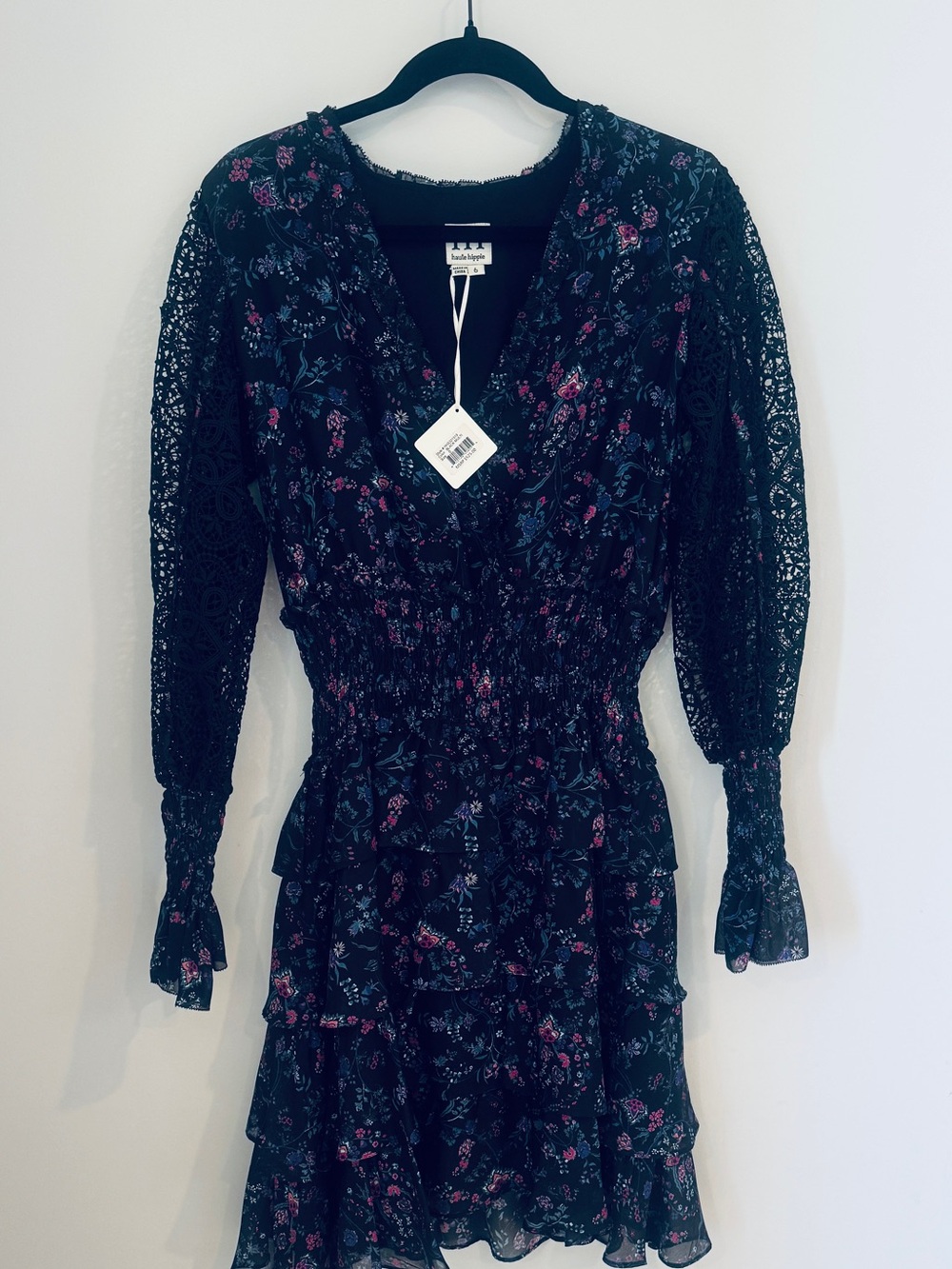 Haute Hippie Black Floral Lace Long-Sleeve Ruffle Dress